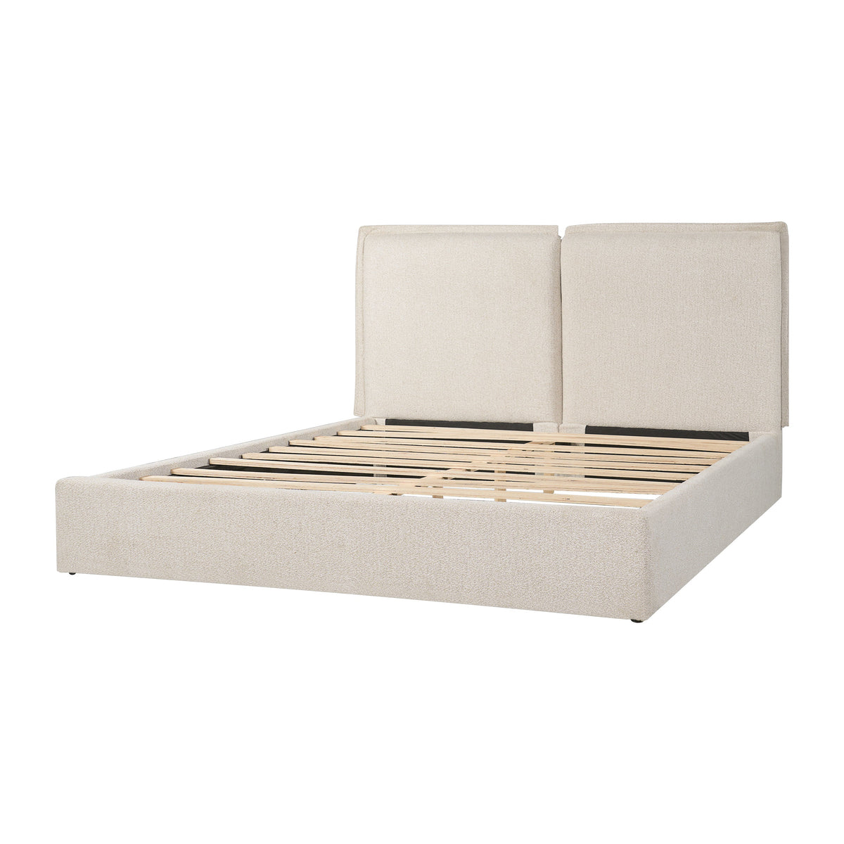 Double-Pillow upholstered bed by HouseOfZazla in skin-friendly beige fabric with cushioned headboard and slatted foundation on Tampa Home & Garden Store