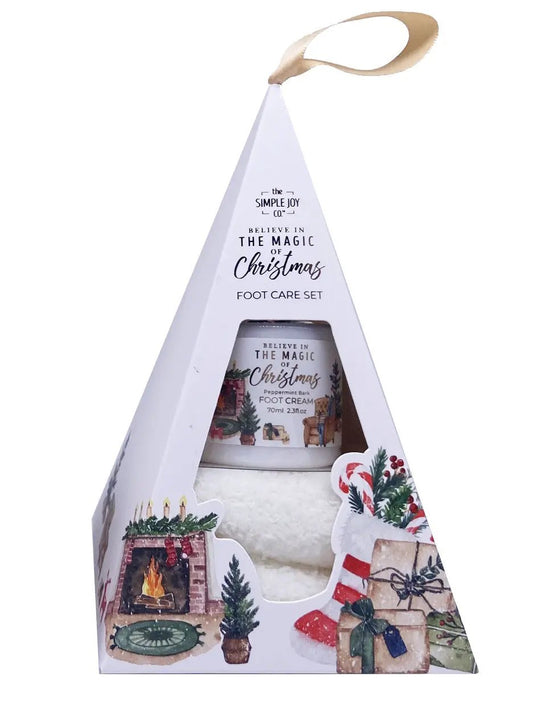 Peppermint Bark Foot Cream & Sock Gift Set in a white pyramid gift box with ribbon on Tampa Home & Garden Store