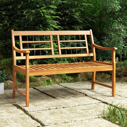 Banco de madera de acacia para patio con reposabrazos curvos, asiento y respaldo de listones