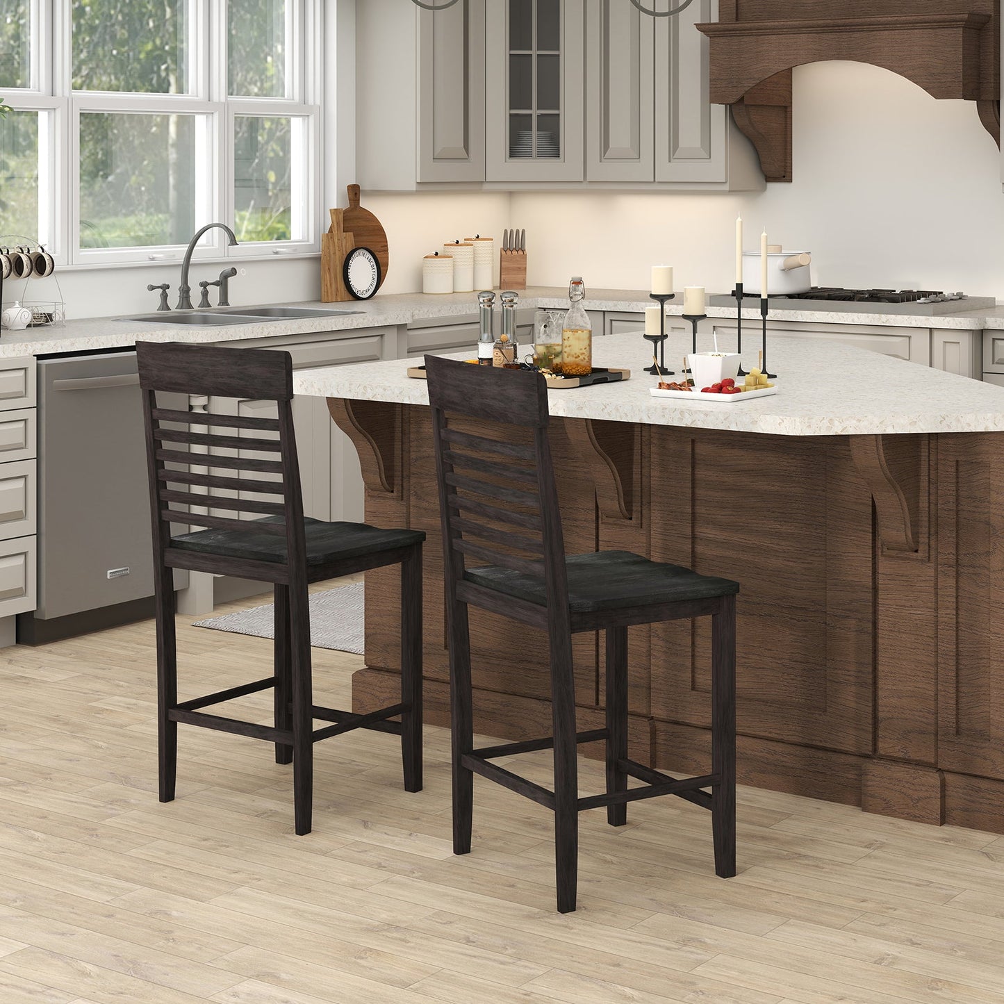 Juego de 2 sillas de comedor con reposapiés y estructura de madera maciza - Gris