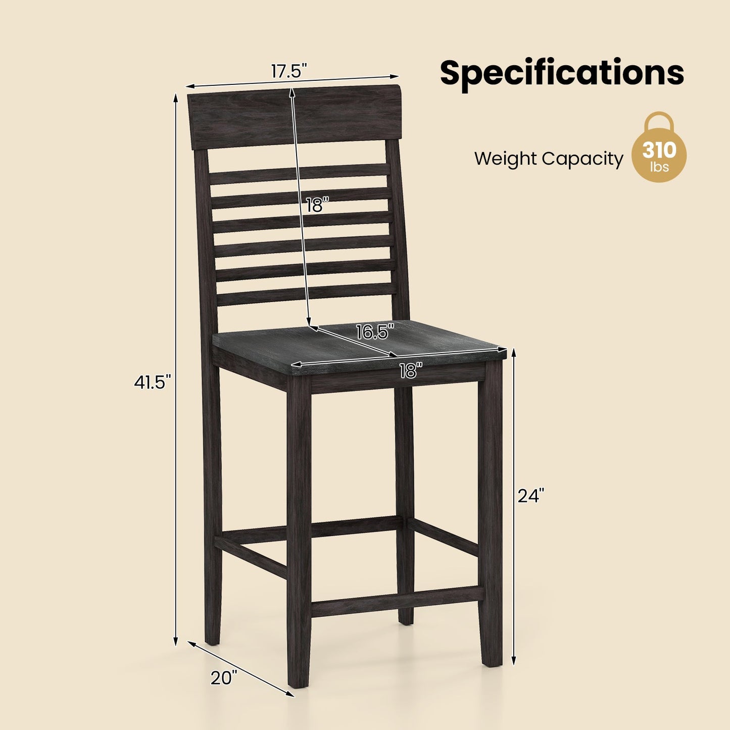 Juego de 2 sillas de comedor con reposapiés y estructura de madera maciza - Gris