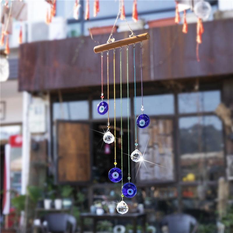 Stevvex multi-strand wind chime set with blue evil eye beads and crystal prisms on Tampa Home & Garden Store