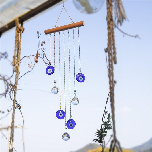 Chakra energy wind chime with blue evil eye discs, Turkish window prisms and crystal drops on Tampa Home & Garden Store