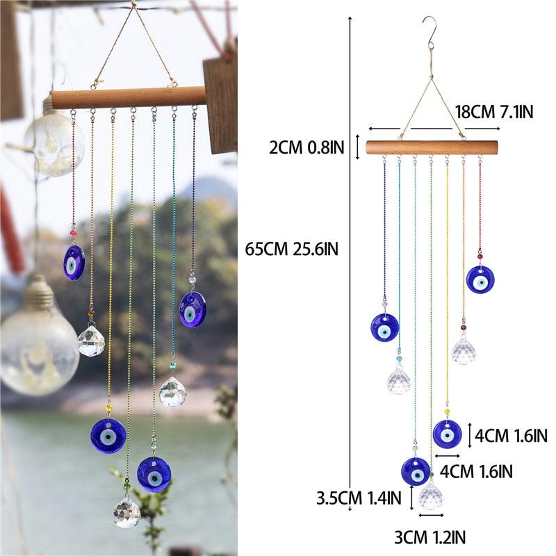 Wind chime Stevvex STDEPLA120 with wooden bar, blue evil eye Nazar charms, crystal prisms on Tampa Home & Garden Store