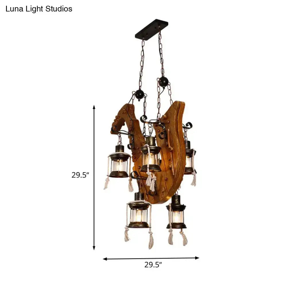 Wood Horse Chandelier Light with rustic wood centerpiece and lantern-style glass shades on Tampa Home & Garden Store
