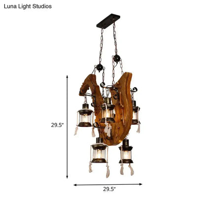 Wood Horse Chandelier Light with rustic wood centerpiece and lantern-style glass shades on Tampa Home & Garden Store