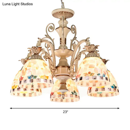 3/5 Lights Chandelier Pendant Light - White and Gold Tiffany Style Stained Glass Mosaic Hanging Lamp Kit