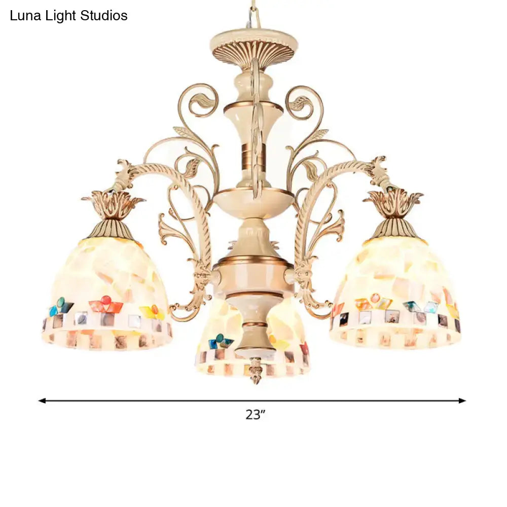 3/5 Lights Chandelier Pendant Light - White and Gold Tiffany Style Stained Glass Mosaic Hanging Lamp Kit