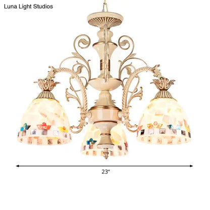 3/5 Lights Chandelier Pendant Light - White and Gold Tiffany Style Stained Glass Mosaic Hanging Lamp Kit
