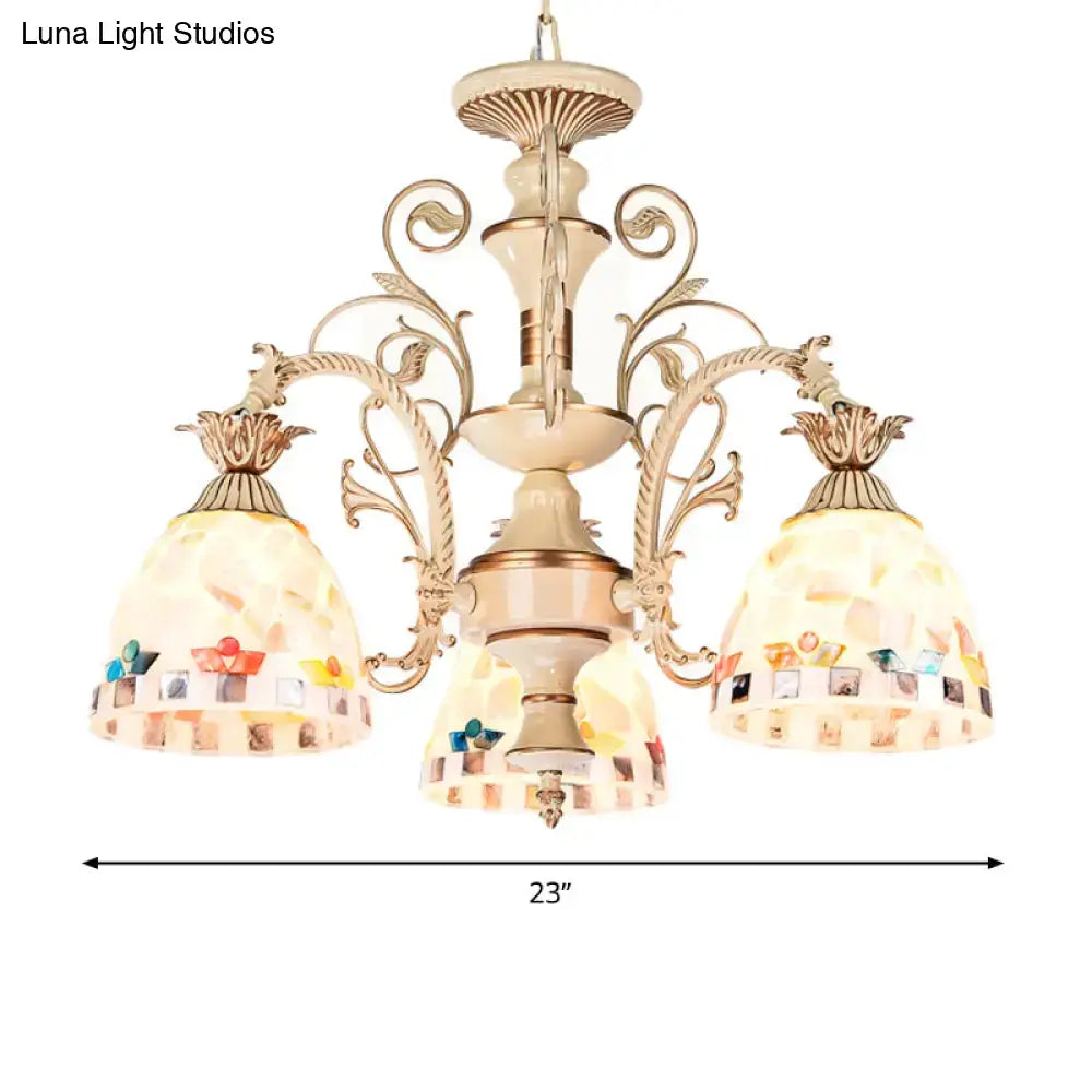 3/5 Lights Chandelier Pendant Light - White and Gold Tiffany Style Stained Glass Mosaic Hanging Lamp Kit