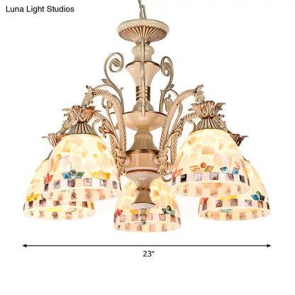 3/5 Lights Chandelier Pendant Light - White and Gold Tiffany Style Stained Glass Mosaic Hanging Lamp Kit