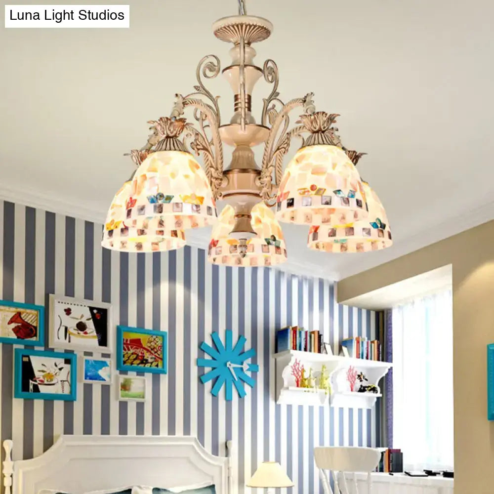3/5 Lights Chandelier Pendant Light - White and Gold Tiffany Style Stained Glass Mosaic Hanging Lamp Kit