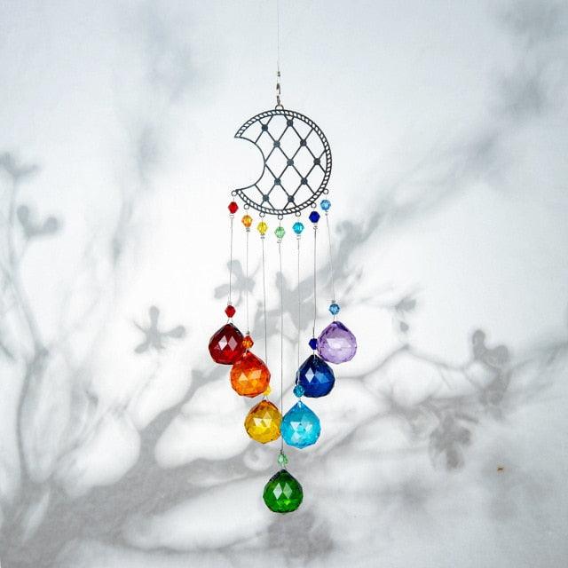 Chandelier wind chimes rainbow crystal sun catcher with moon frame and prism beads Stevvex on Tampa Home & Garden Store