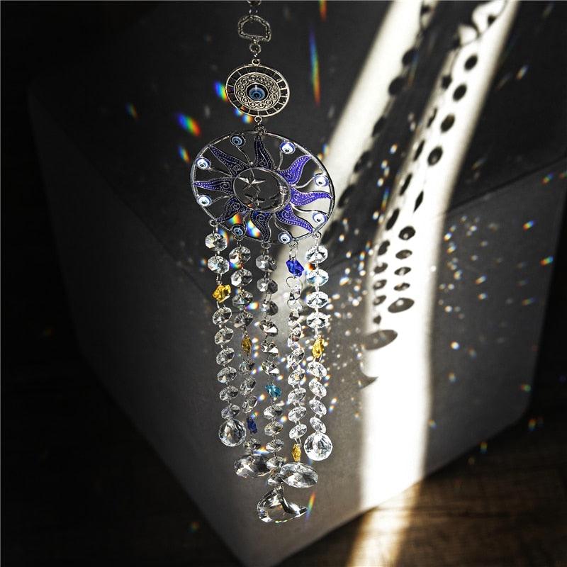 Stevvex suncatcher wind chimes with Turkish blue evil eye sun star motif and crystal prisms on Tampa Home & Garden Store