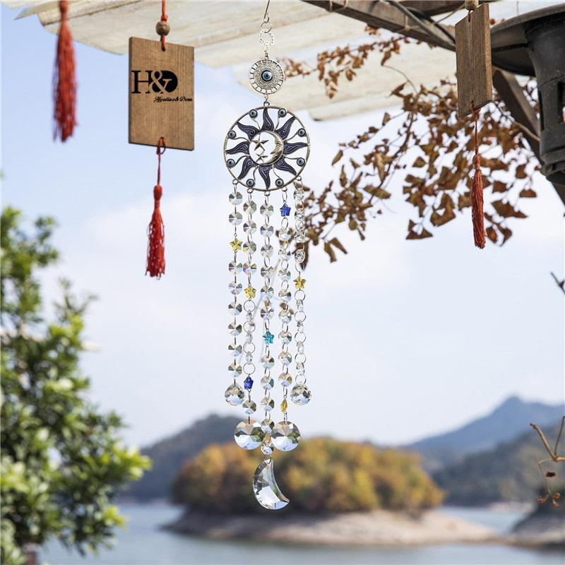 Stevvex Turkish blue evil eye sun moon star suncatcher with prism strands crescent pendant on Tampa Home & Garden Store