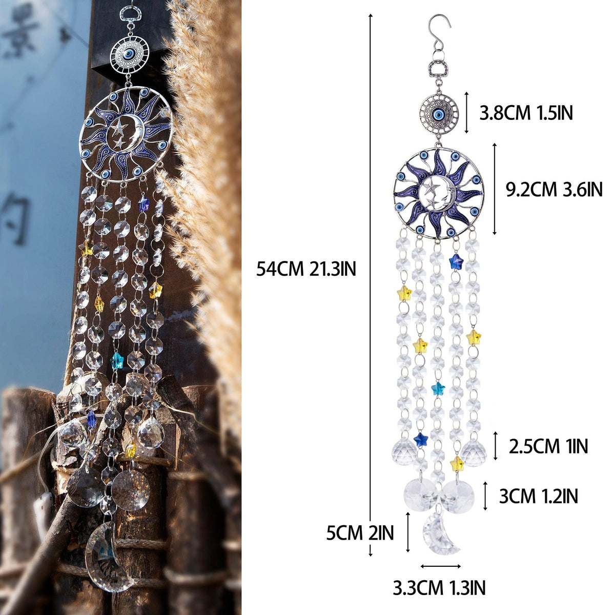 Chandelier wind chimes Stevvex turquoise blue evil eye sun moon suncatcher with prisms on Tampa Home & Garden Store