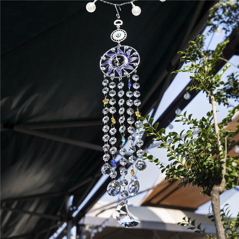 Chandelier wind chime sun catcher with turquoise evil eye disk and crystal strands on Tampa Home & Garden Store