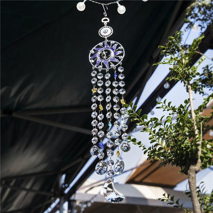 Chandelier wind chime sun catcher with turquoise evil eye disk and crystal strands on Tampa Home & Garden Store