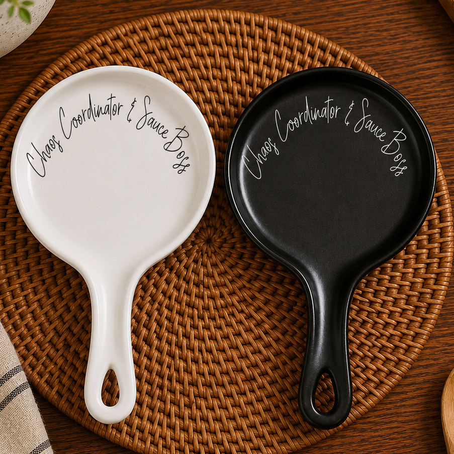 Gia Roma Chaos & Sauce Boss spoon rests white and black, two-piece set on Tampa Home & Garden Store