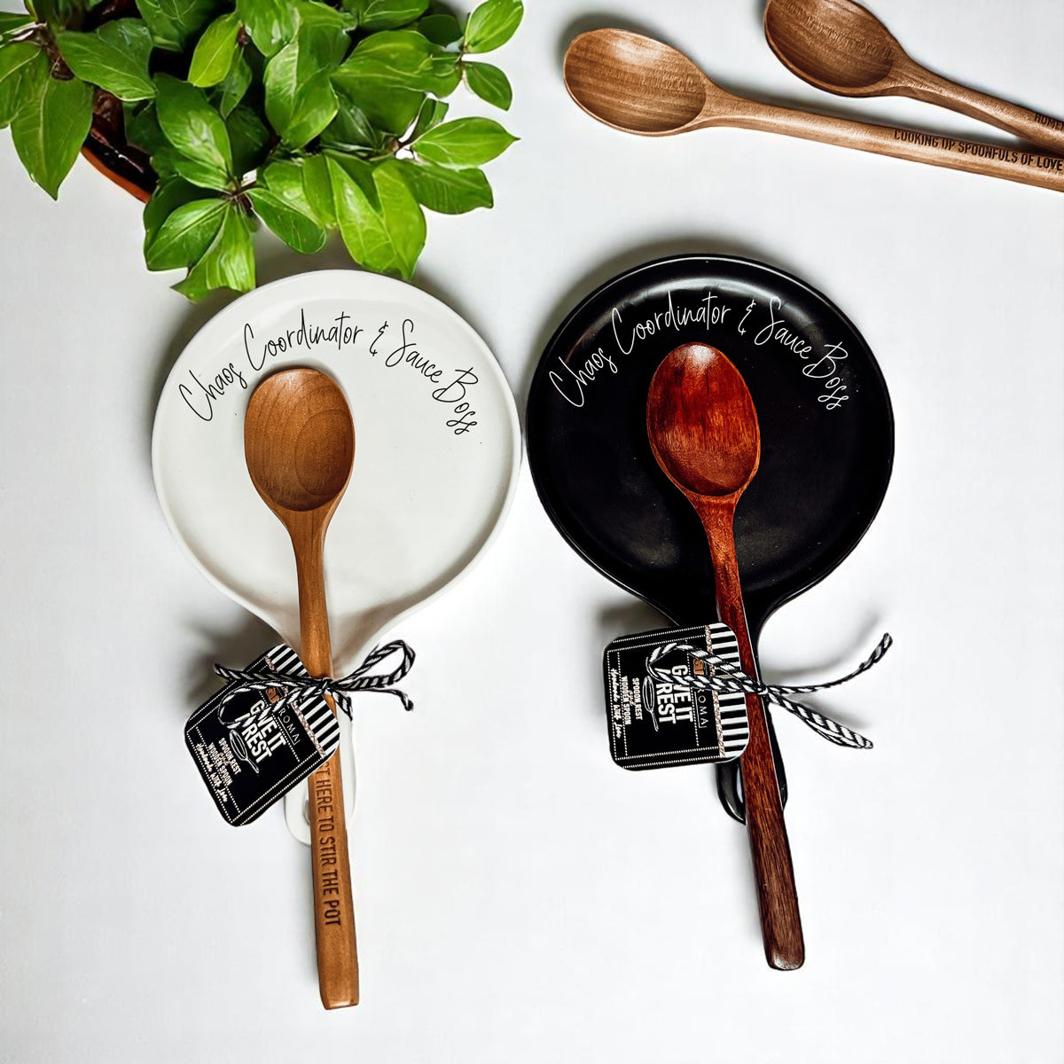 Gia Roma Chaos & Sauce Boss spoon rests white and black ceramic plates with wood spoons and tags on Tampa Home & Garden Store