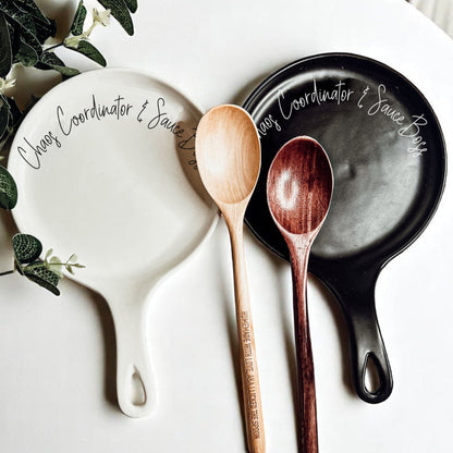 Chaos & Sauce Boss spoon rests set by Gia Roma in white and black ceramic with spoons on Tampa Home & Garden Store