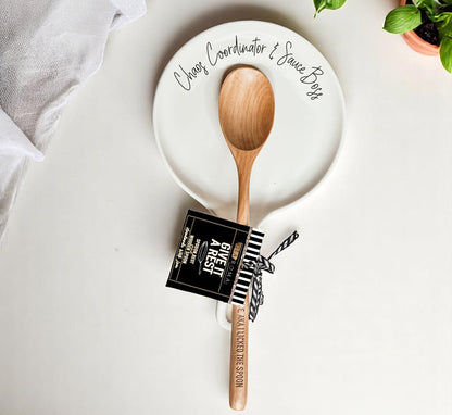 Chaos & Sauce Boss spoon rest by Gia Roma with wooden spoon on white plate on Tampa Home & Garden Store
