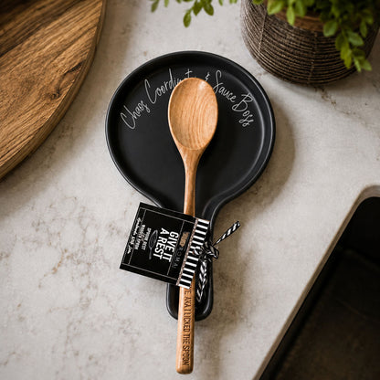 Chaos & Sauce Boss spoon rest Gia Roma black ceramic with wooden spoon set on Tampa Home & Garden Store