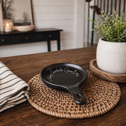 Chaos Coordinator & Sauce Boss spoon rest by Gia Roma, black ceramic kitchen accessory on Tampa Home & Garden Store