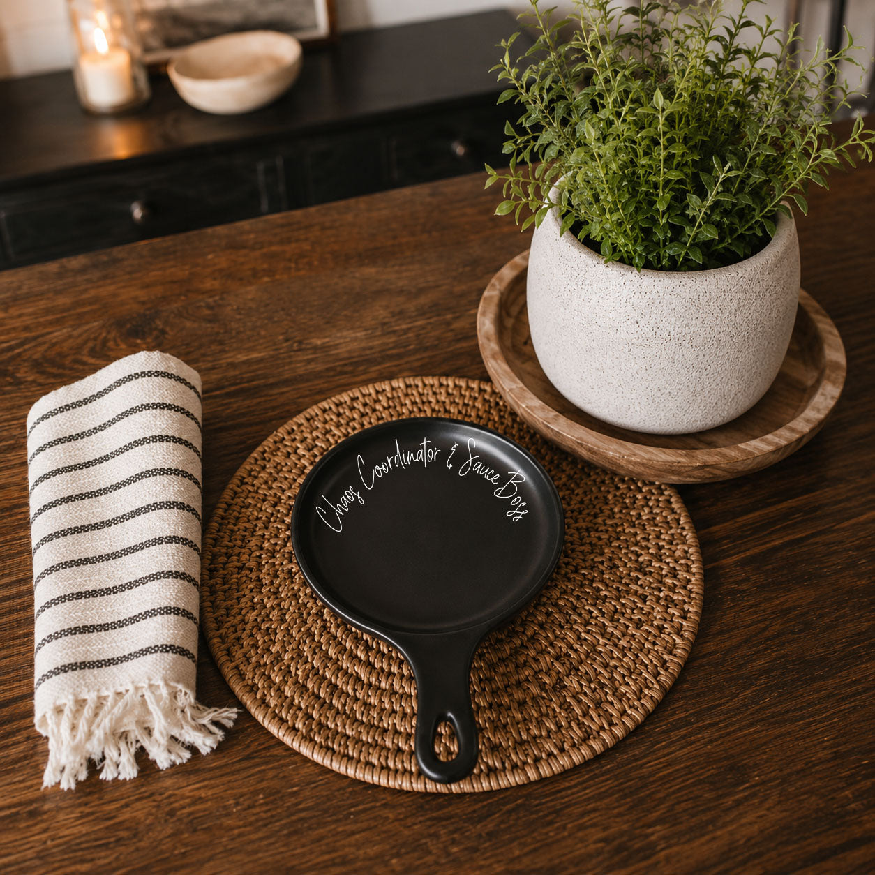 Chaos & Sauce Boss spoon rest, black with white script, Gia Roma kitchen accessory on Tampa Home & Garden Store