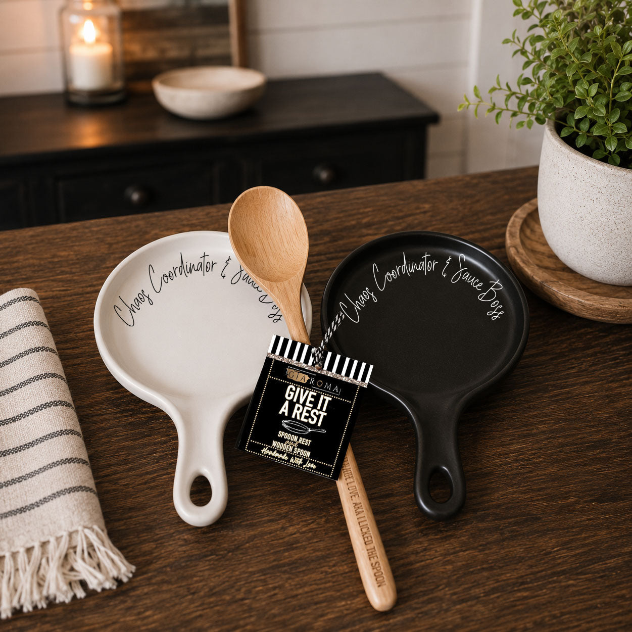 Chaos & Sauce Boss spoon rests in white and black, Gia Roma branded with wooden spoon on Tampa Home & Garden Store