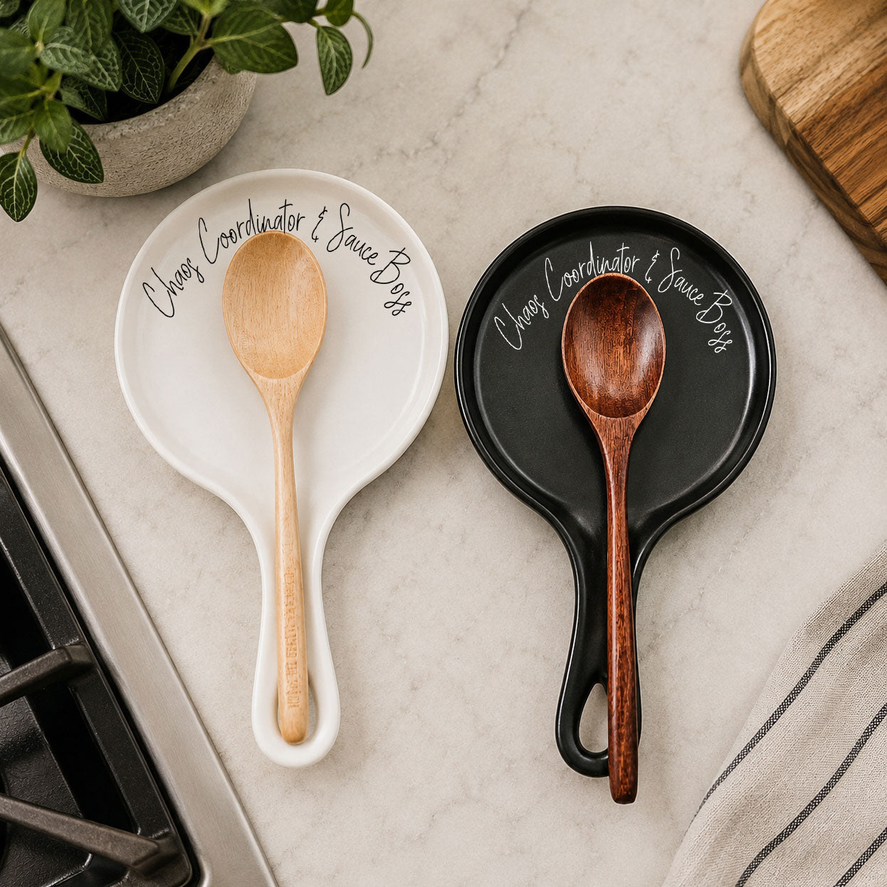 Chaos Coordinator & Sauce Boss spoon rests white and black with wooden spoon Gia Roma on Tampa Home & Garden Store