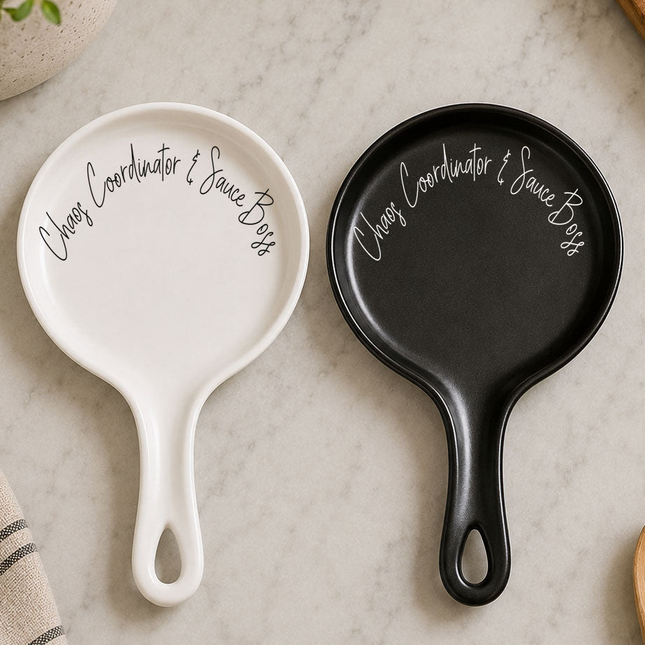 Chaos & Sauce Boss spoon rests, white and black, Gia Roma kitchen accessories pair on Tampa Home & Garden Store