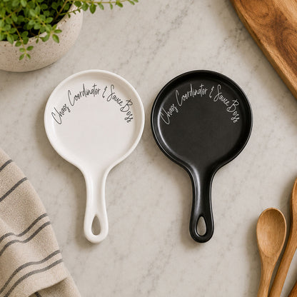 Chaos Coordinator & Sauce Boss spoon rests by Gia Roma in white and black on Tampa Home & Garden Store