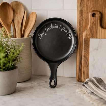 Chaos & Sauce Boss spoon rest by Gia Roma, black pan-shaped kitchen accessory on Tampa Home & Garden Store