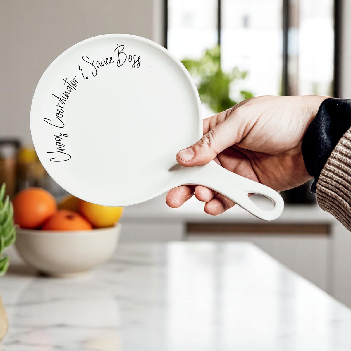 Chaos & Sauce Boss white ceramic spoon rest by Gia Roma on Tampa Home & Garden Store
