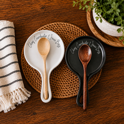 Chaos & Sauce Boss spoon rests set of 2 white and black with wooden spoons Gia Roma on Tampa Home & Garden Store