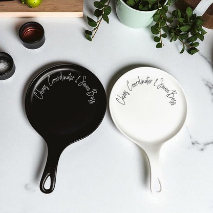 Chaos & Sauce Boss spoon rests, Gia Roma two-piece set in black and white with handles on Tampa Home & Garden Store