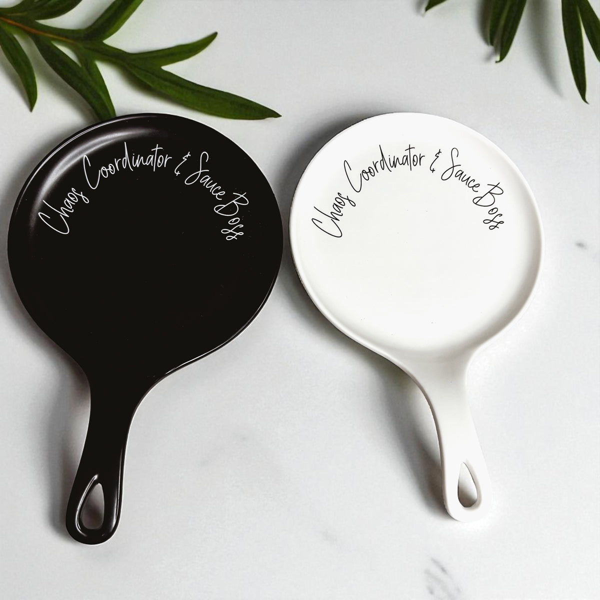 Chaos & Sauce Boss spoon rest set of 2, black & white glossy ceramic by Gia Roma on Tampa Home & Garden Store