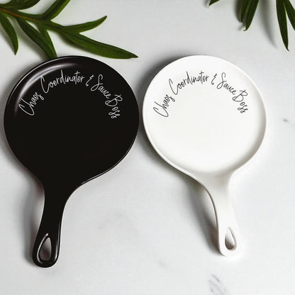 Chaos & Sauce Boss spoon rest set of 2, black & white glossy ceramic by Gia Roma on Tampa Home & Garden Store