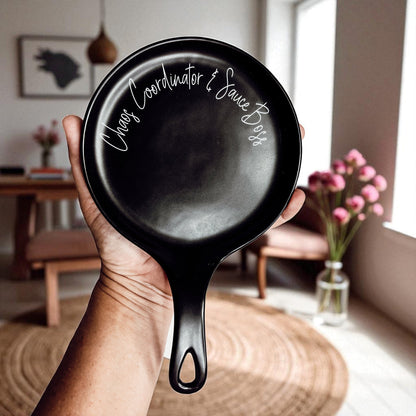 Chaos & Sauce Boss spoon rest by Gia Roma, black kitchen accessory with white script on rim on Tampa Home & Garden Store