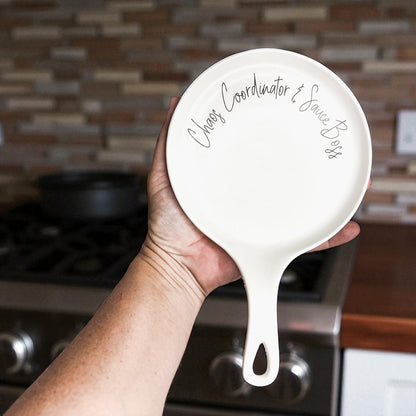 Chaos & Sauce Boss spoon rest by Gia Roma, white ceramic kitchen accessory on Tampa Home & Garden Store