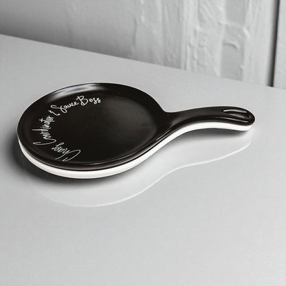 Chaos & Sauce Boss spoon rest Gia Roma black ceramic with white script on Tampa Home & Garden Store