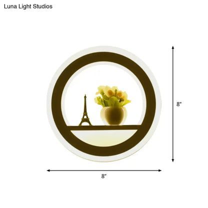 White Sun Wall Sconce with ring; shelf holds Eiffel Tower and yellow flower vase Decorbites on Tampa Home & Garden Store
