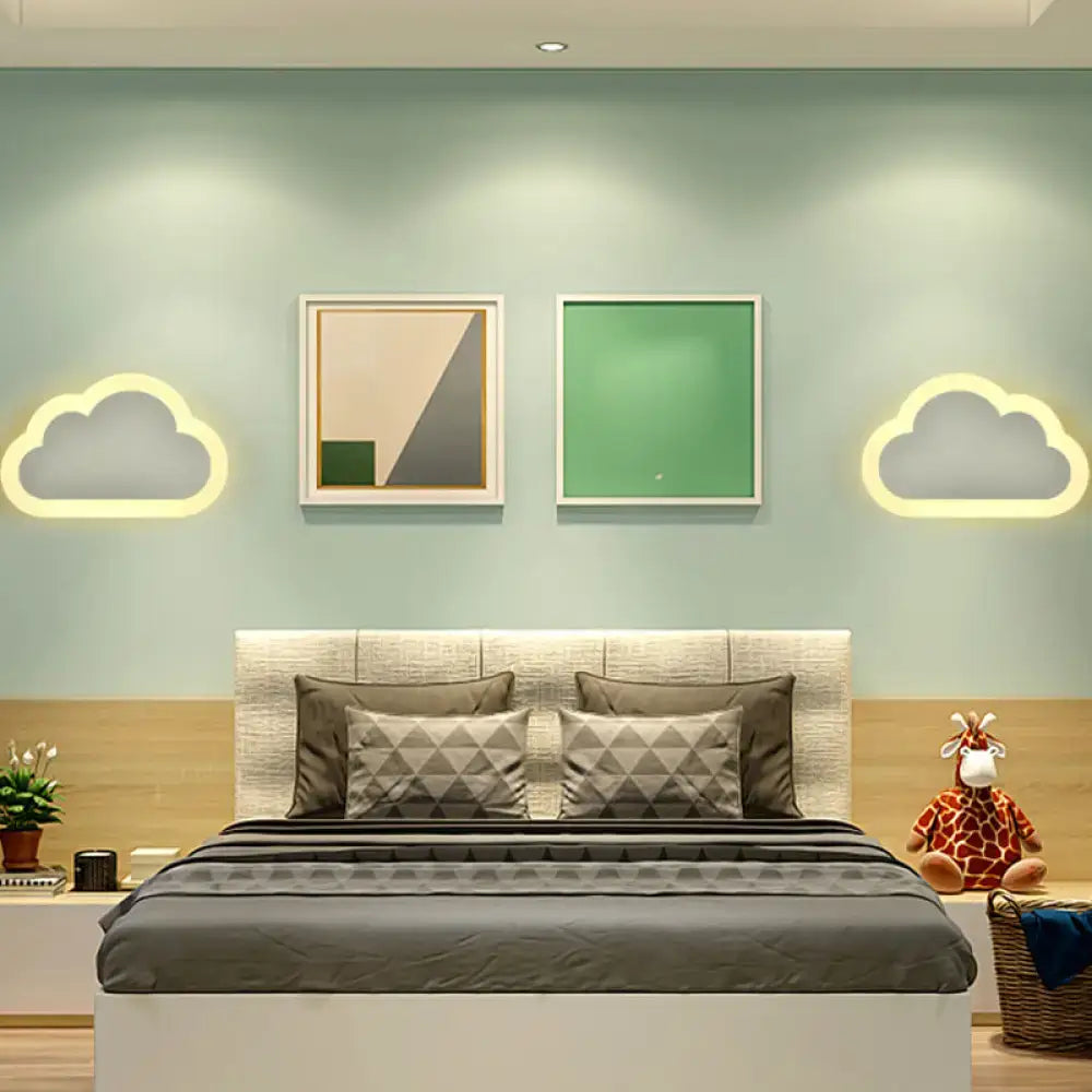 White Sun Wall Sconce by Decorbites in a green bedroom with cloud accents and gray bedding on Tampa Home & Garden Store