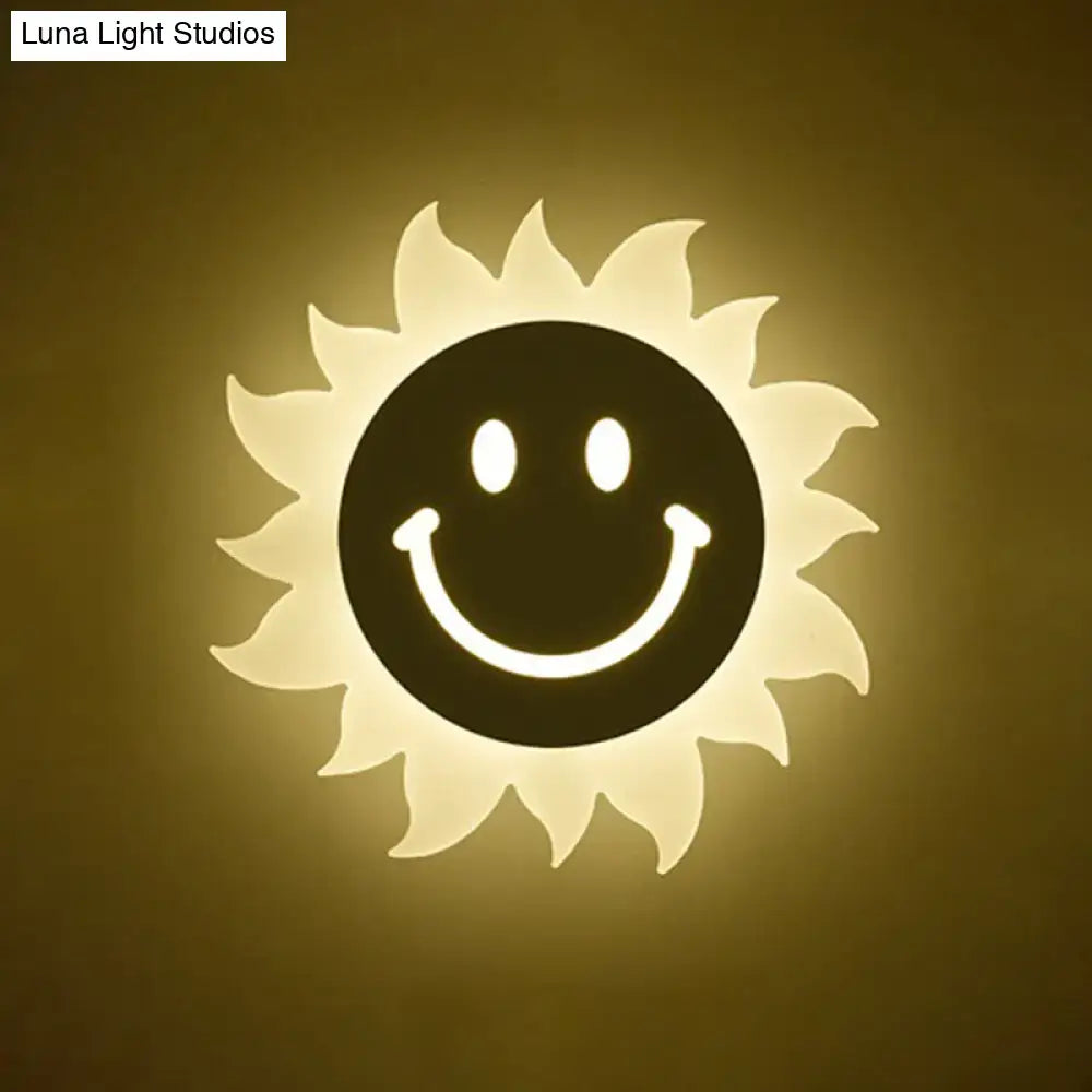 White Sun Wall Sconce with cheerful smiley face, warm ambient glow Decorbites on Tampa Home & Garden Store