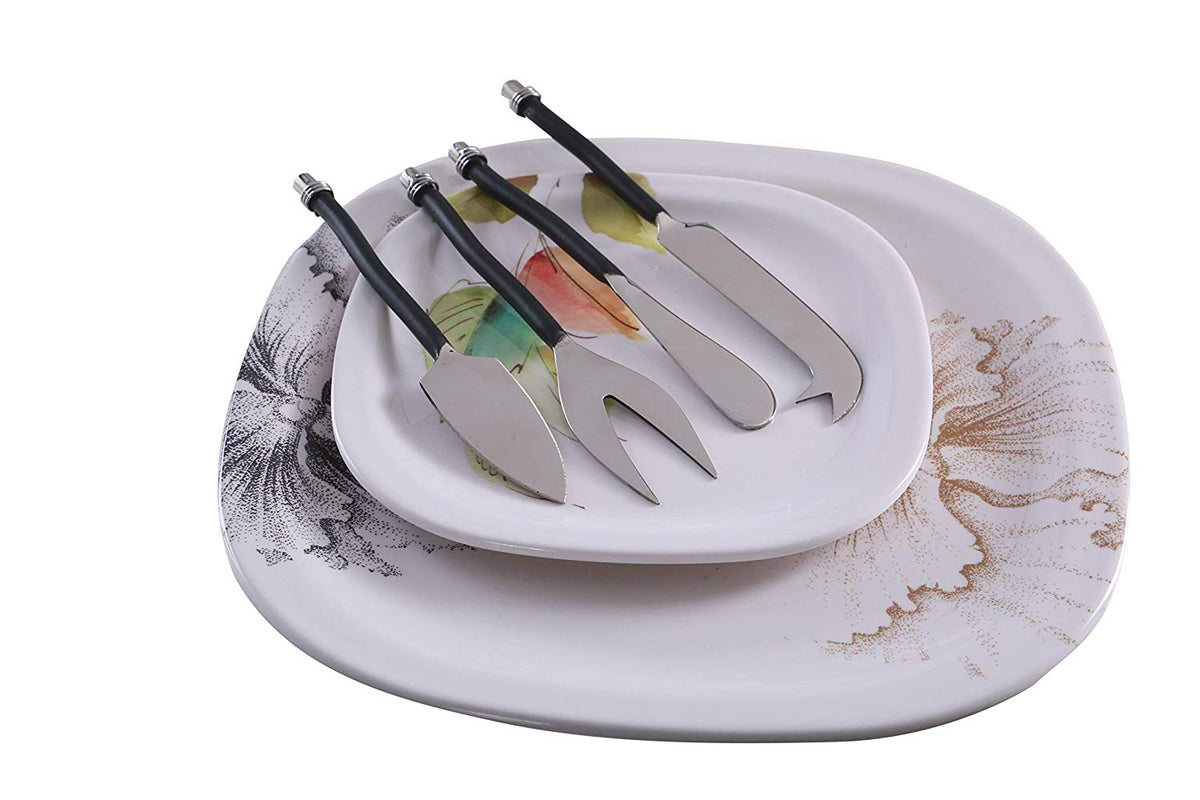 Vibhsa cheese knives set of 4 with stainless steel blades and curved black handles on a decorative plate on Tampa Home & Garden Store