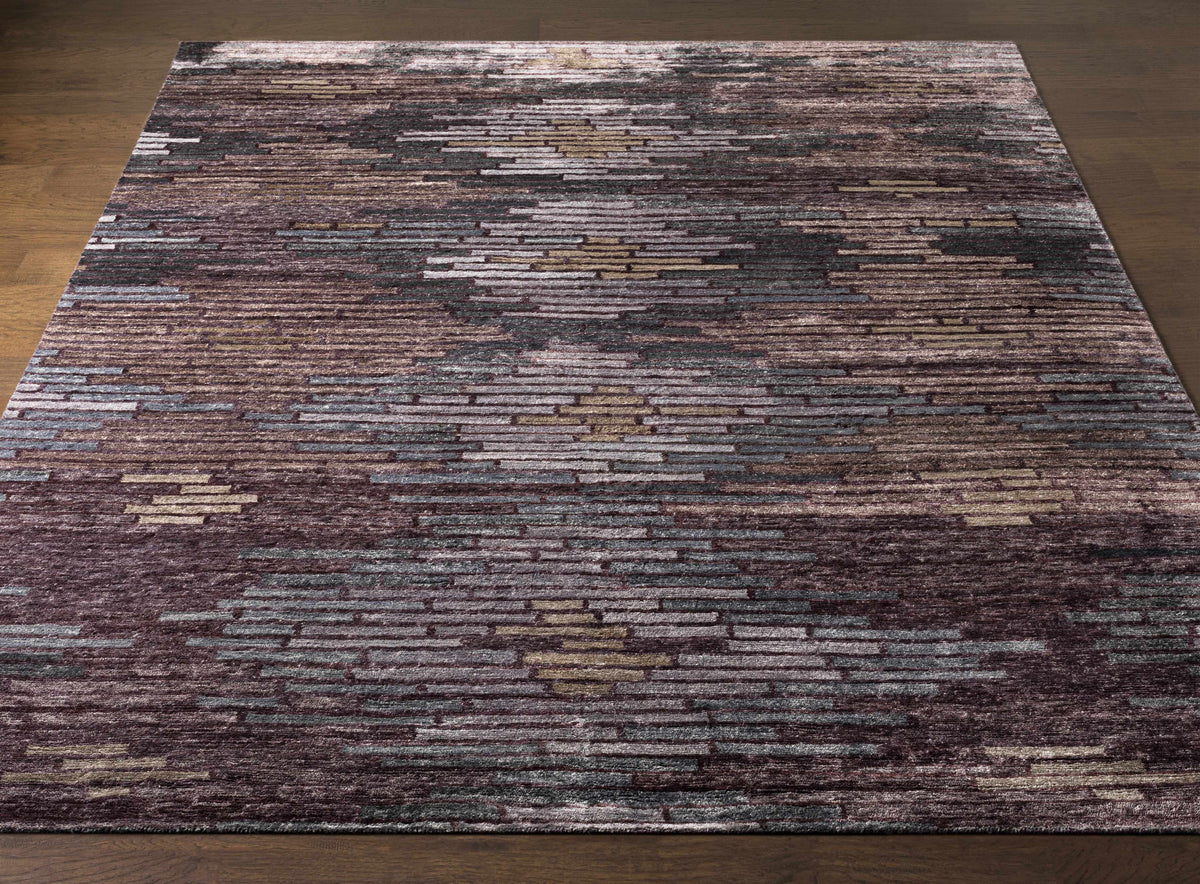 Cherokee Carpet Clearance rug with burgundy stripes on floor on Tampa Home & Garden Store
