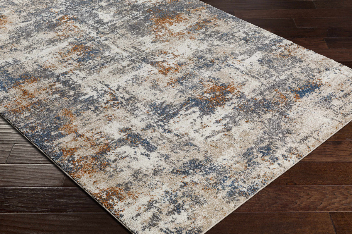 Chetwynd Abstract Thick Rug, multicolor gray blue beige with orange accents, thick pile on Tampa Home & Garden Store