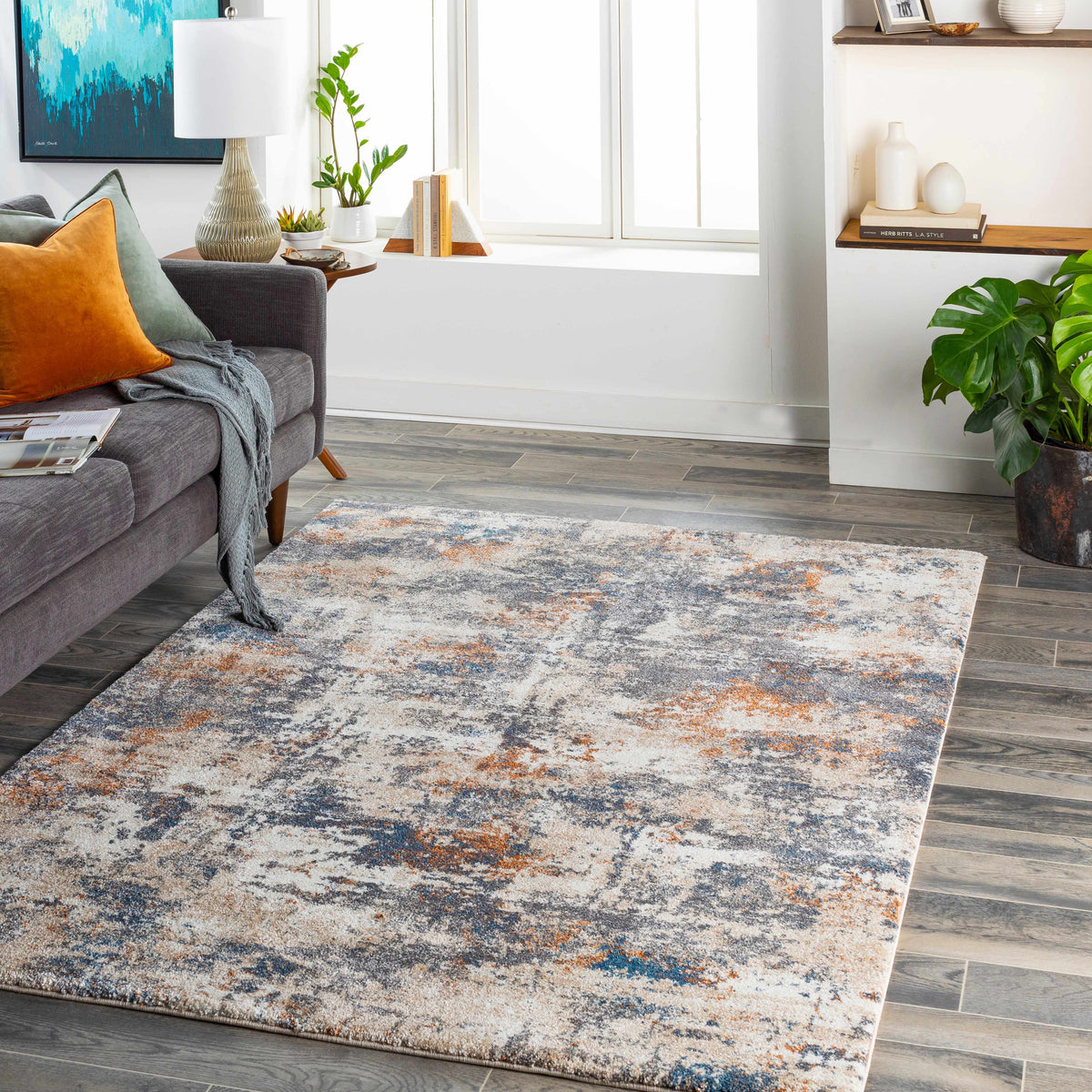 Chetwynd Abstract Thick Rug Boutique Rugs gray blue orange abstract pattern on Tampa Home & Garden Store
