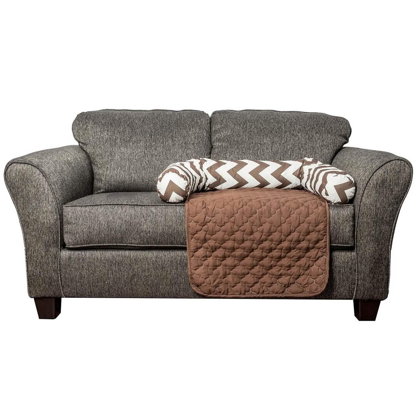 Chevron Reversible Quilted Pet Bed Chair Cover in brown quilted fabric on a gray sofa on Tampa Home & Garden Store